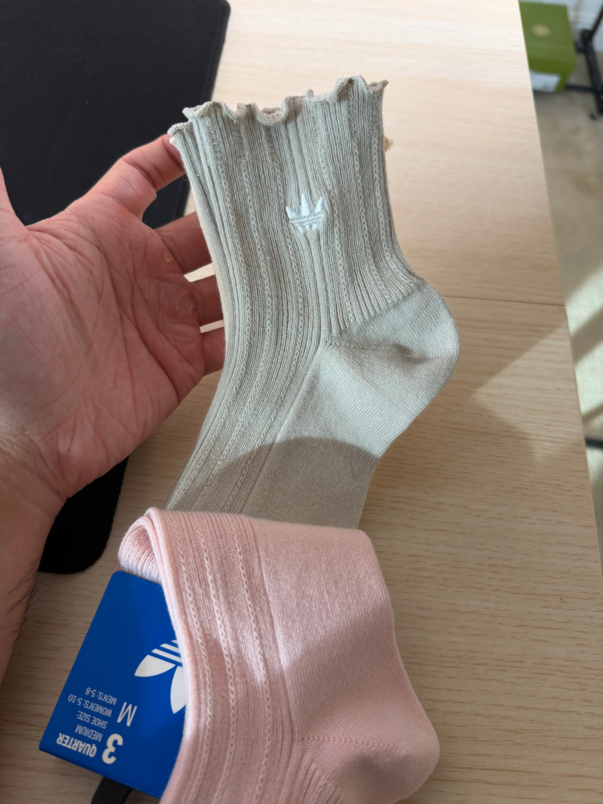 Adidas 三葉草法式滾邊襪 三入組 粉綠黃