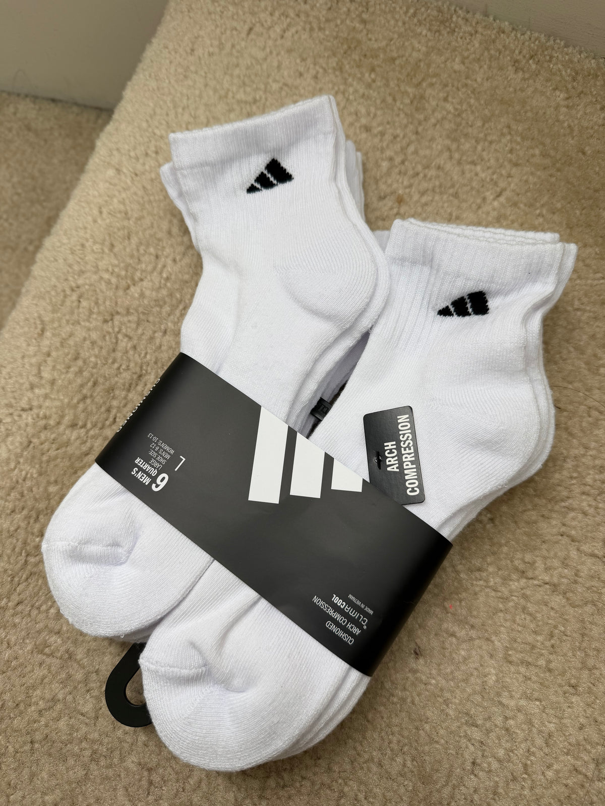 Adidas 男生快乾短襪 六雙組 - 白色