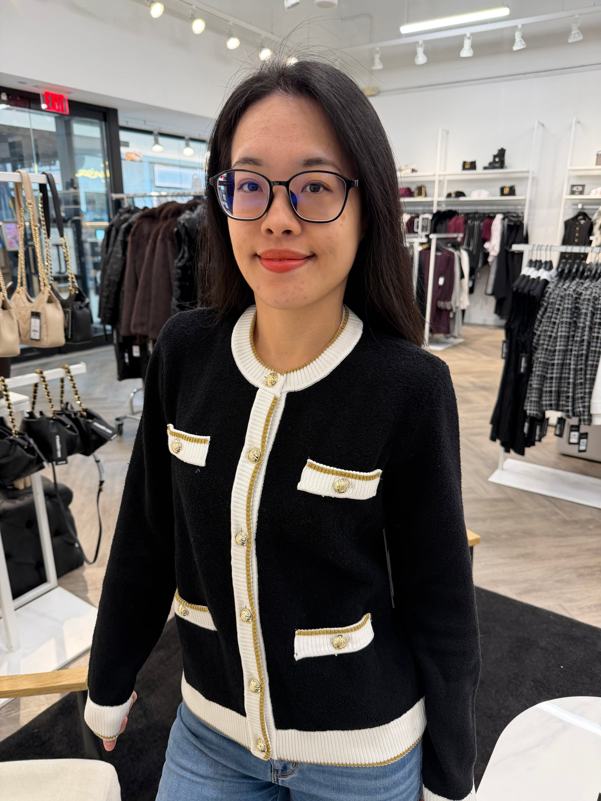 卡爾 女生 香風針織罩衫 - 黑白