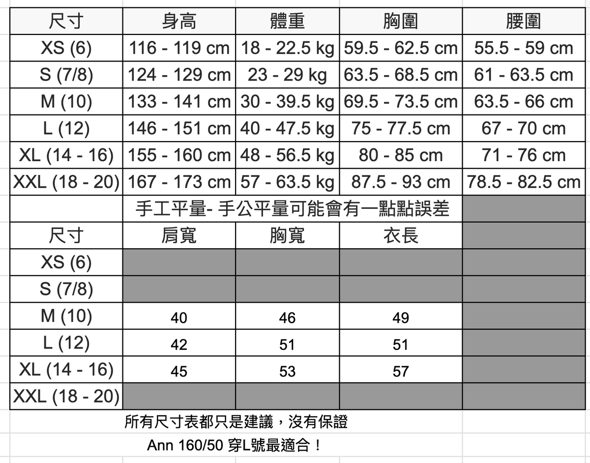 尺寸表