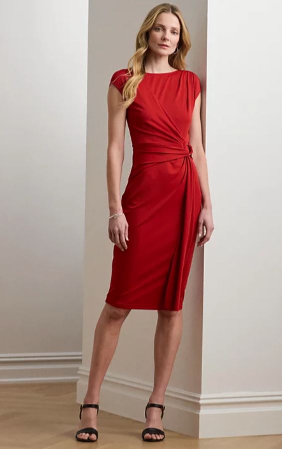 百貨 RL專櫃 船領環扣彈性洋裝 紅色