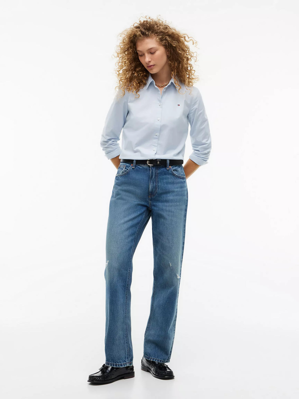 Tommy 女生 正常版 Oxford 長袖襯衫 - 淺藍