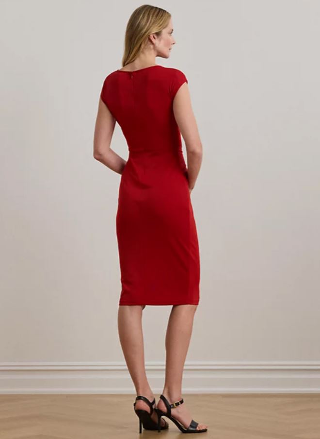 百貨 RL專櫃 船領環扣彈性洋裝 紅色