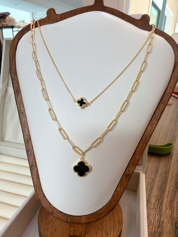 飾品 幸運草 黑色 雙層項鍊 純銀鍍金14k