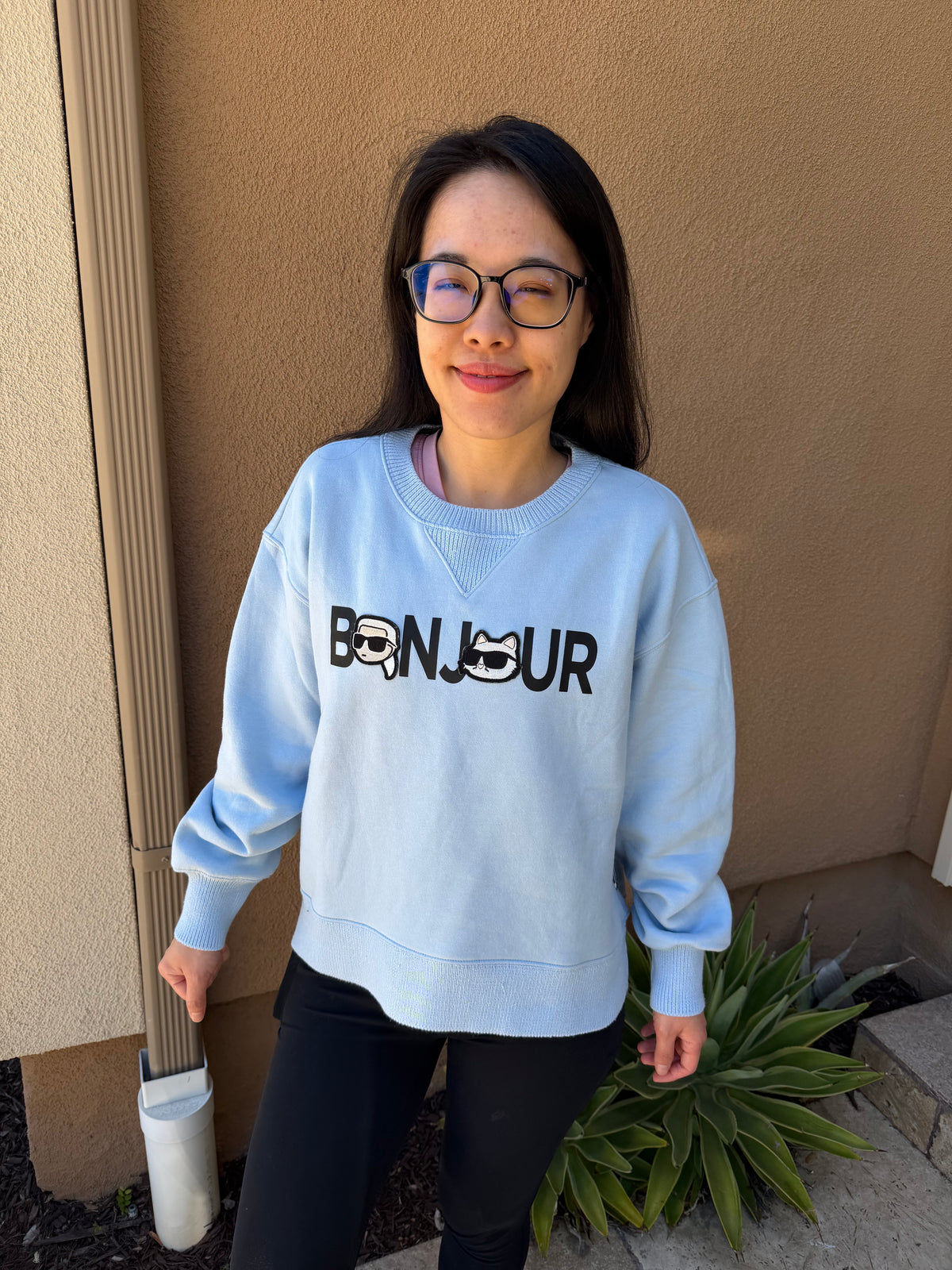 卡爾 女生 Bon Jour 刷毛大學T - 天空藍
