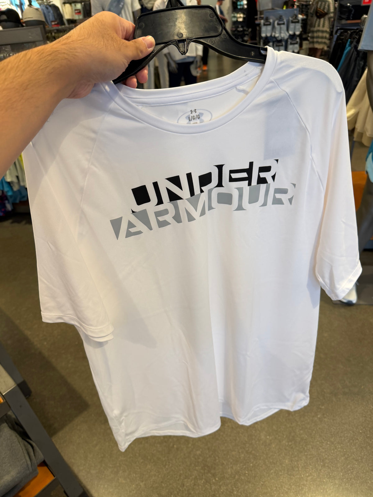 UA 男生 滑溜溜運動短T 字樣logo - 白色