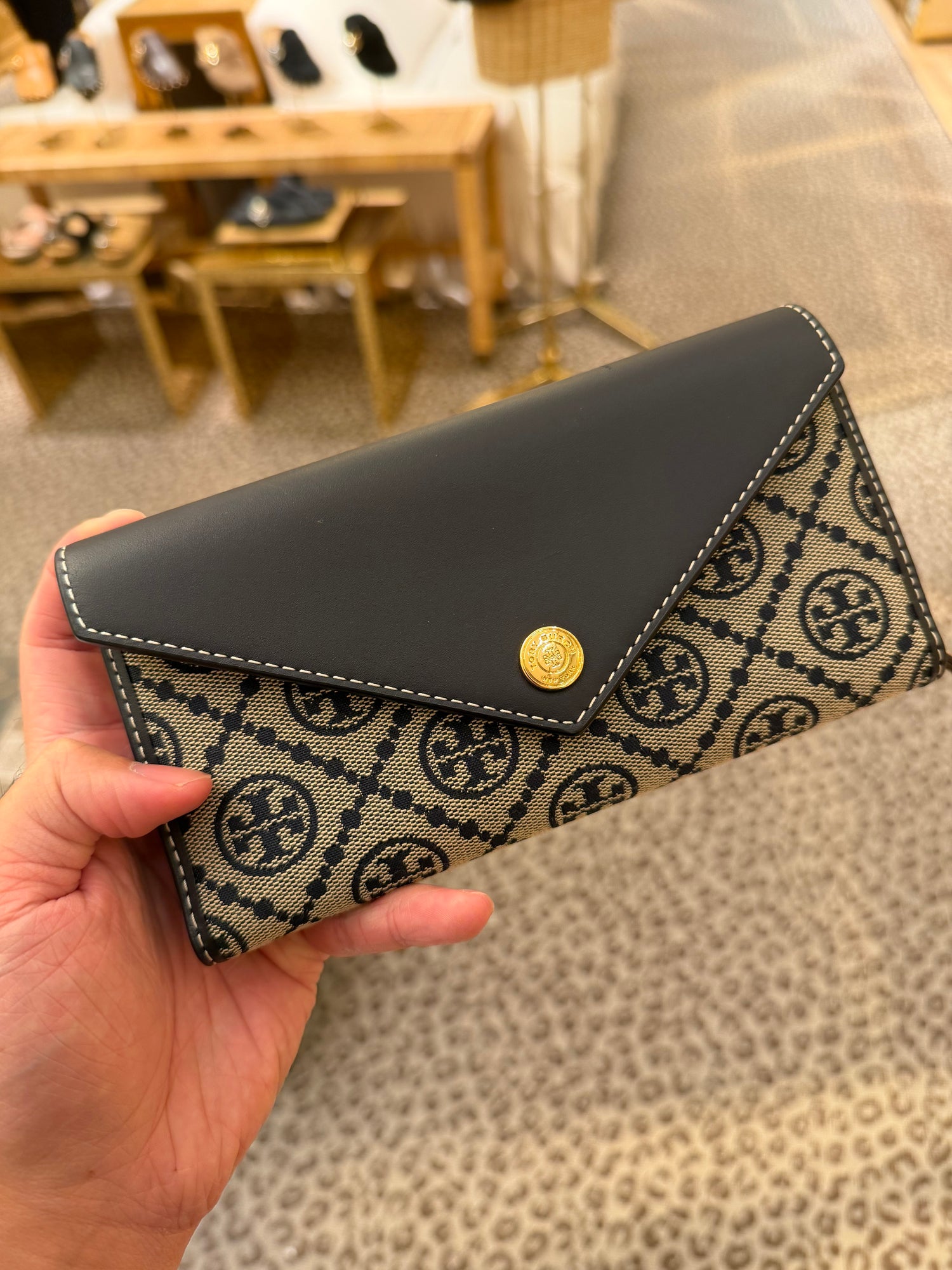 TB 專櫃 T monogram 翻蓋長夾 藍提花