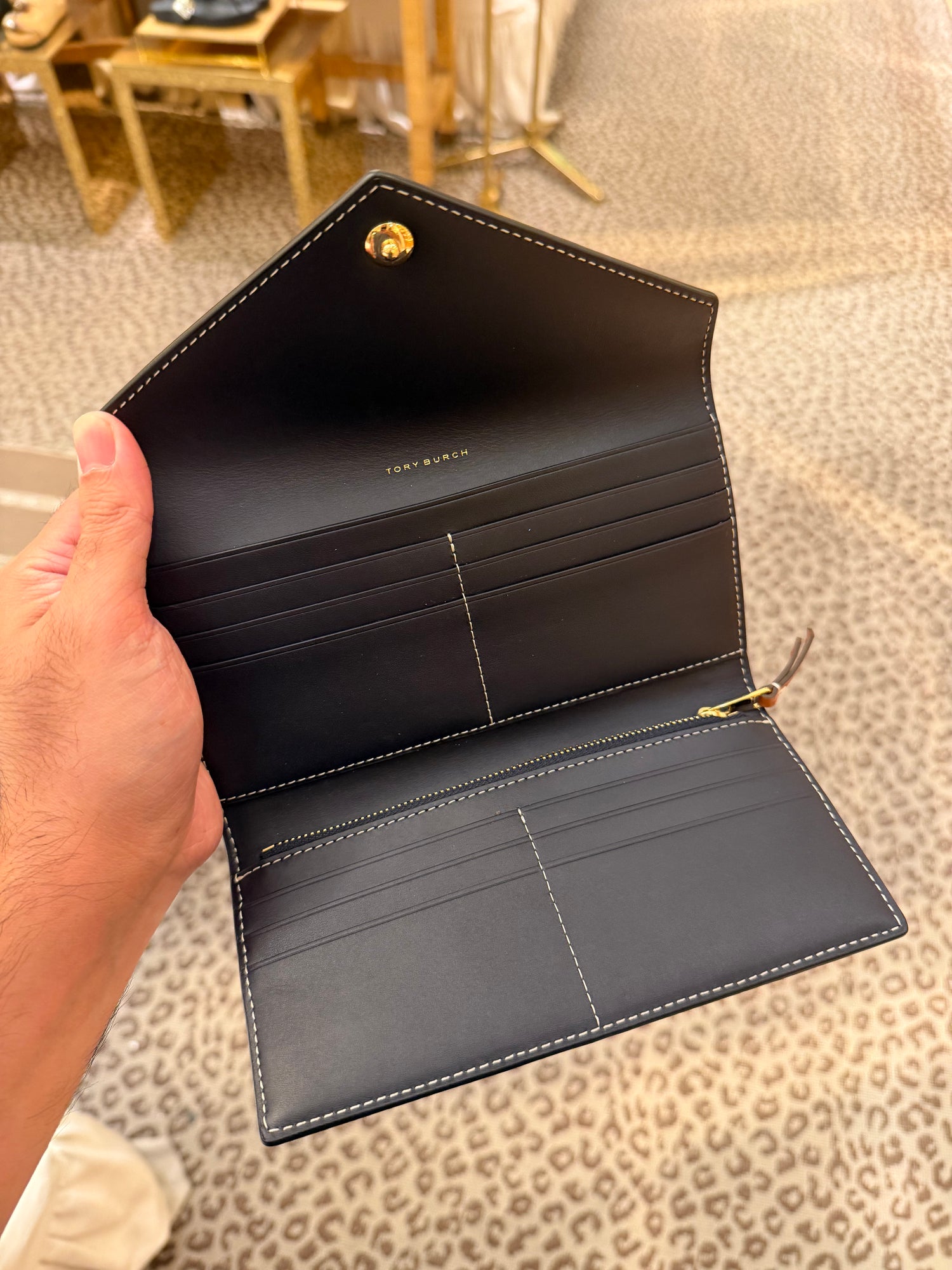 TB 專櫃 T monogram 翻蓋長夾 藍提花