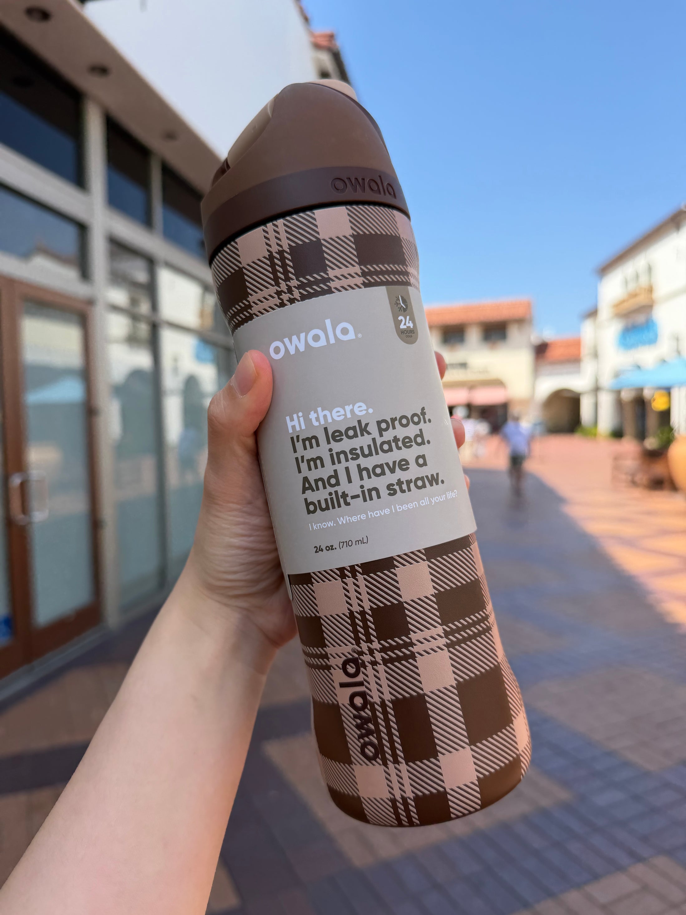 Owala 經典吸管不銹鋼冷水壺 - 榛果巧克力 - Plaid - 710ml