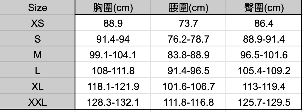 尺寸表
