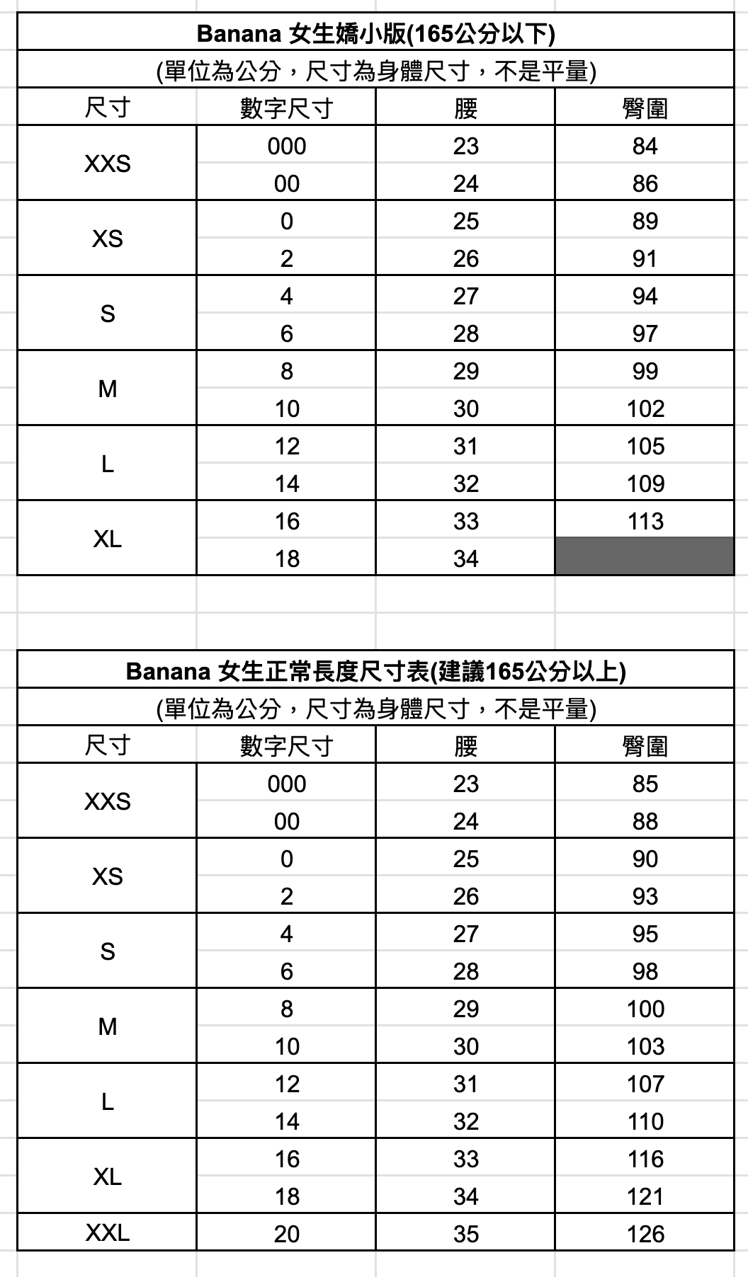 尺寸表